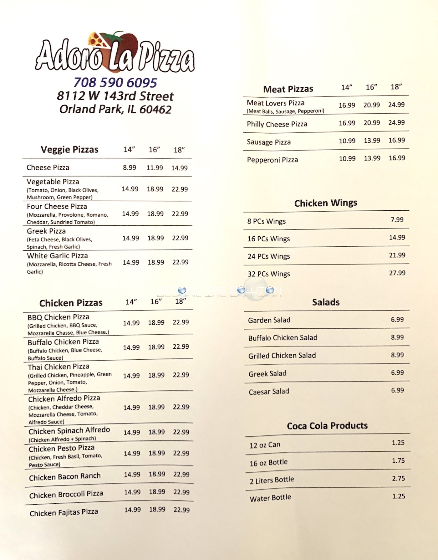 Adoro La Pizza Orland Park Menu (Scanned Menu With Prices)